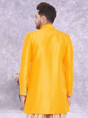 Yellow Art Silk  Plain Indo western for men's 3