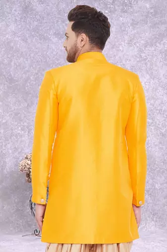Yellow Art Silk  Plain Indo western for men's