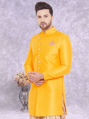 Yellow Art Silk  Plain Indo western for men's 4