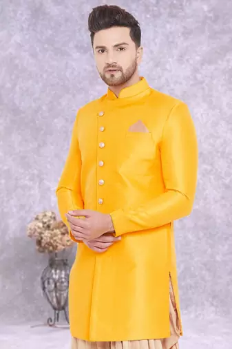 Yellow Art Silk  Plain Indo western for men's