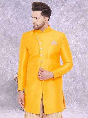 Yellow Art Silk  Plain Indo western for men's 5