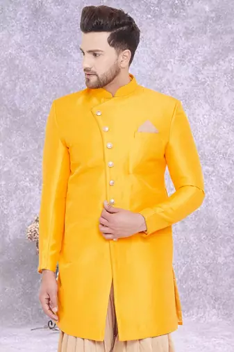 Yellow Art Silk  Plain Indo western for men's