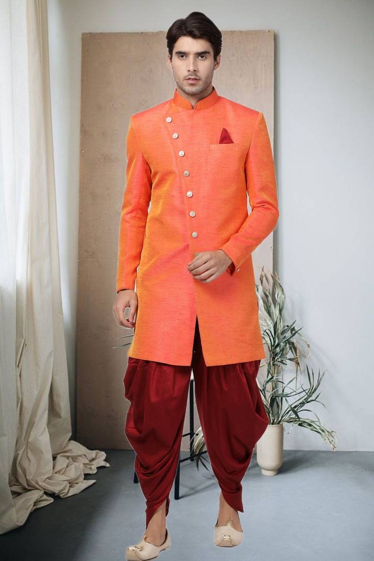 Orange Art Silk  Plain Indo western for men's