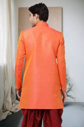 Orange Art Silk  Plain Indo western for men's