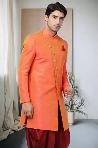 Orange Art Silk  Plain Indo western for men's