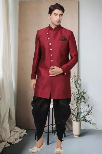 Maroon Art Silk  Plain Indo western for men's