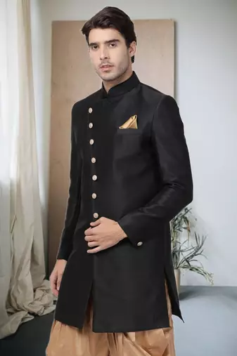 Black Art Silk  Plain Indo western for men's