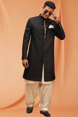 Black art silk plain Sherwani for men's traditional look. 1