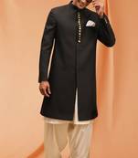 Black art silk plain Sherwani for men's traditional look.