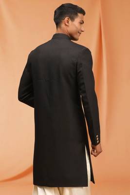 Black art silk plain Sherwani for men's traditional look. 3