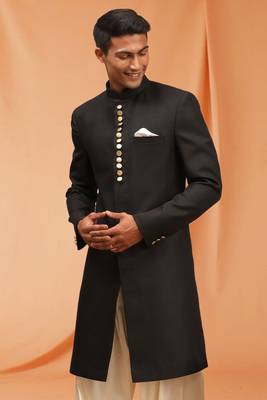 Black art silk plain Sherwani for men's traditional look. 4