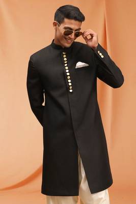 Black art silk plain Sherwani for men's traditional look. 5