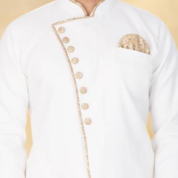 Off white art silk plain Sherwani for men's traditional look. 2