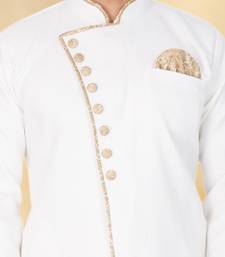 Off white art silk plain Sherwani for men's traditional look.