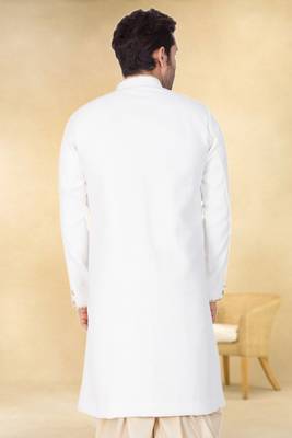Off white art silk plain Sherwani for men's traditional look. 3