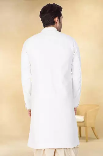 Off white art silk plain Sherwani for men's traditional look.