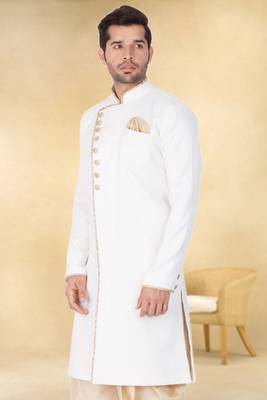 Off white art silk plain Sherwani for men's traditional look. 1