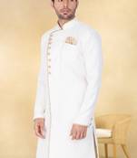 Off white art silk plain Sherwani for men's traditional look.