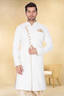 Off white art silk plain Sherwani for men's traditional look. 4