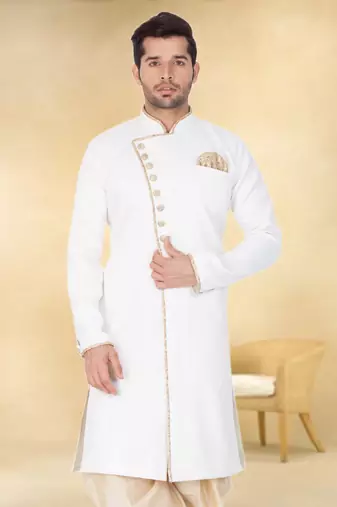 Off white art silk plain Sherwani for men's traditional look.