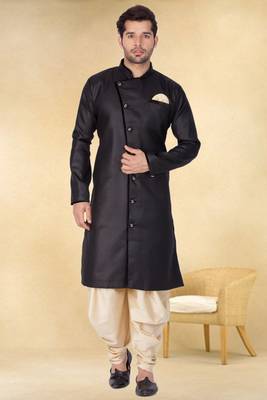 Black art silk plain Sherwani for men's traditional look. 1