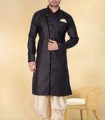 Black art silk plain Sherwani for men's traditional look.