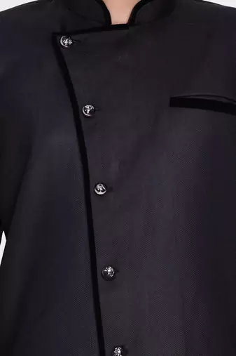 Black art silk plain Sherwani for men's traditional look.