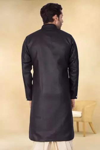 Black art silk plain Sherwani for men's traditional look.