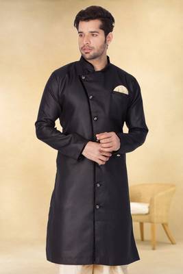 Black art silk plain Sherwani for men's traditional look. 4