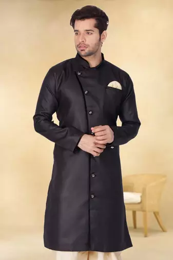 Black art silk plain Sherwani for men's traditional look.