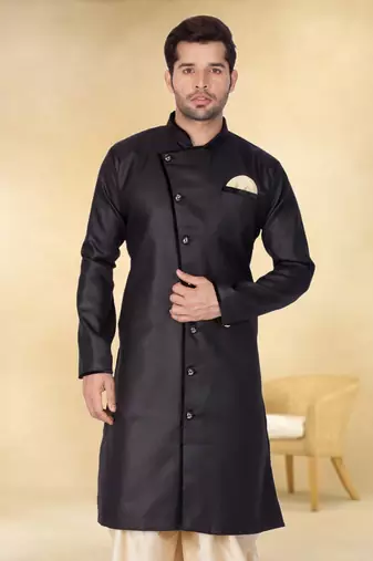 Black art silk plain Sherwani for men's traditional look.