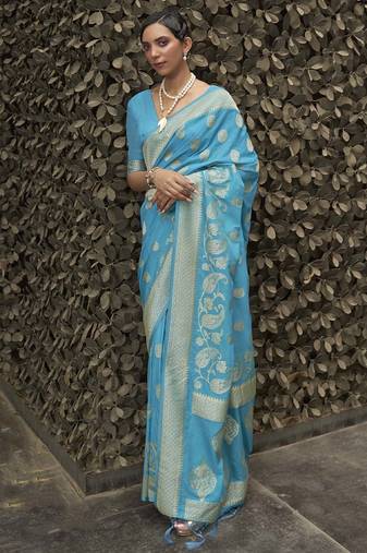 Womens Nyloan Chinon Blue Woven Design Designer Saree With Blouse For Women
