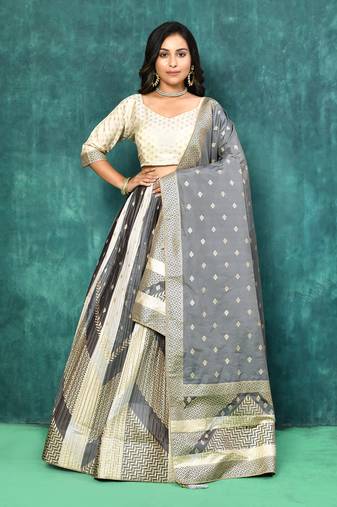 Elora silk zari weaving work semi stitched lehenga for women (Grey & Cream)