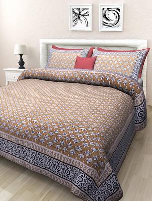 Texstylers gold floral jaipuri print 144 tc double bedsheet with 2 pillow covers 1