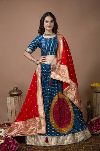 Elora silk zari weaving work semi stitched lehenga for women(Navy Blue)