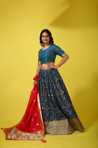 Elora silk zari weaving work semi stitched lehenga for women(Teal )