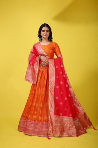 Elora silk zari weaving work semi stitched lehenga for women(Orange)