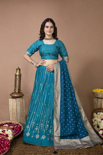 Elora silk zari weaving work semi stitched lehenga for women(Rama Blue)