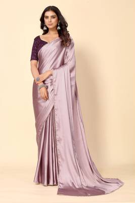 Avanshee Solid Mauve Satin Plain Saree 1