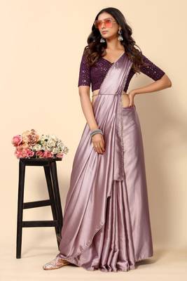 Avanshee Solid Mauve Satin Plain Saree 3