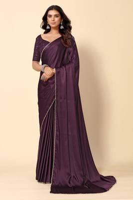 Wine  Solid Bollywood Satin Silk Blend Saree With Embroidred Unstitch Blouse 1