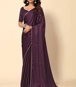 Wine  Solid Bollywood Satin Silk Blend Saree With Embroidred Unstitch Blouse
