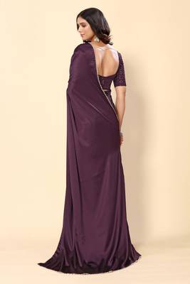 Wine  Solid Bollywood Satin Silk Blend Saree With Embroidred Unstitch Blouse 2