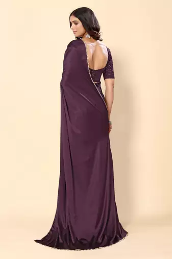 Wine  Solid Bollywood Satin Silk Blend Saree With Embroidred Unstitch Blouse