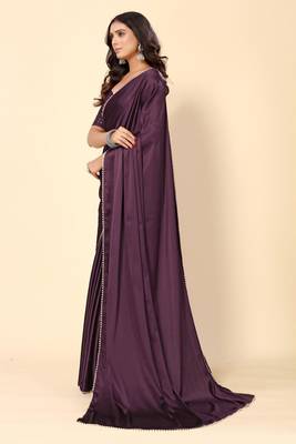 Wine  Solid Bollywood Satin Silk Blend Saree With Embroidred Unstitch Blouse 3