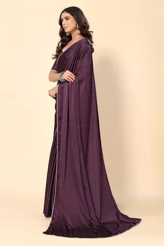 Wine  Solid Bollywood Satin Silk Blend Saree With Embroidred Unstitch Blouse
