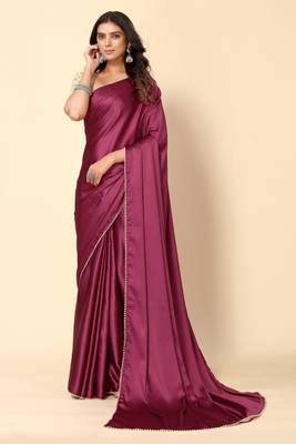 Purple Solid Bollywood Satin Silk Blend Saree With Embroidred Unstitch Blouse 1