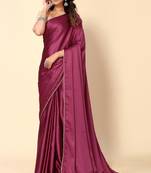 Purple Solid Bollywood Satin Silk Blend Saree With Embroidred Unstitch Blouse
