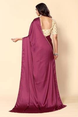 Purple Solid Bollywood Satin Silk Blend Saree With Embroidred Unstitch Blouse 2