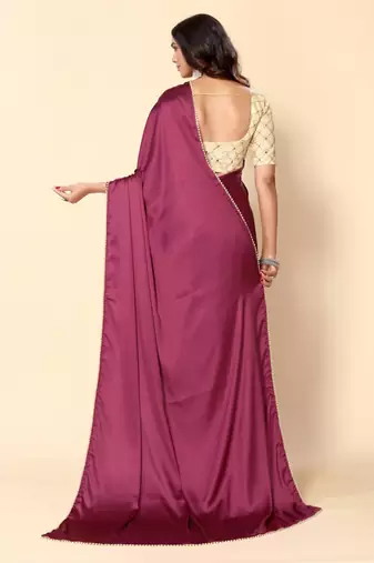 Purple Solid Bollywood Satin Silk Blend Saree With Embroidred Unstitch Blouse